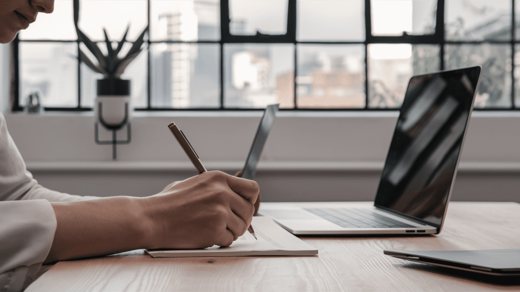 man-writing-in-a-notepad-sitting-in-front-of-a-laptop