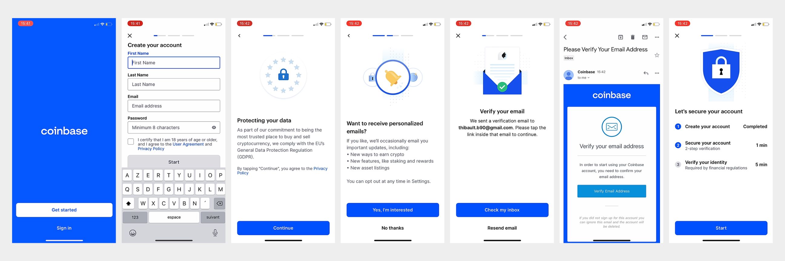 Coinbase - digital onboarding. Account creation flow mockups