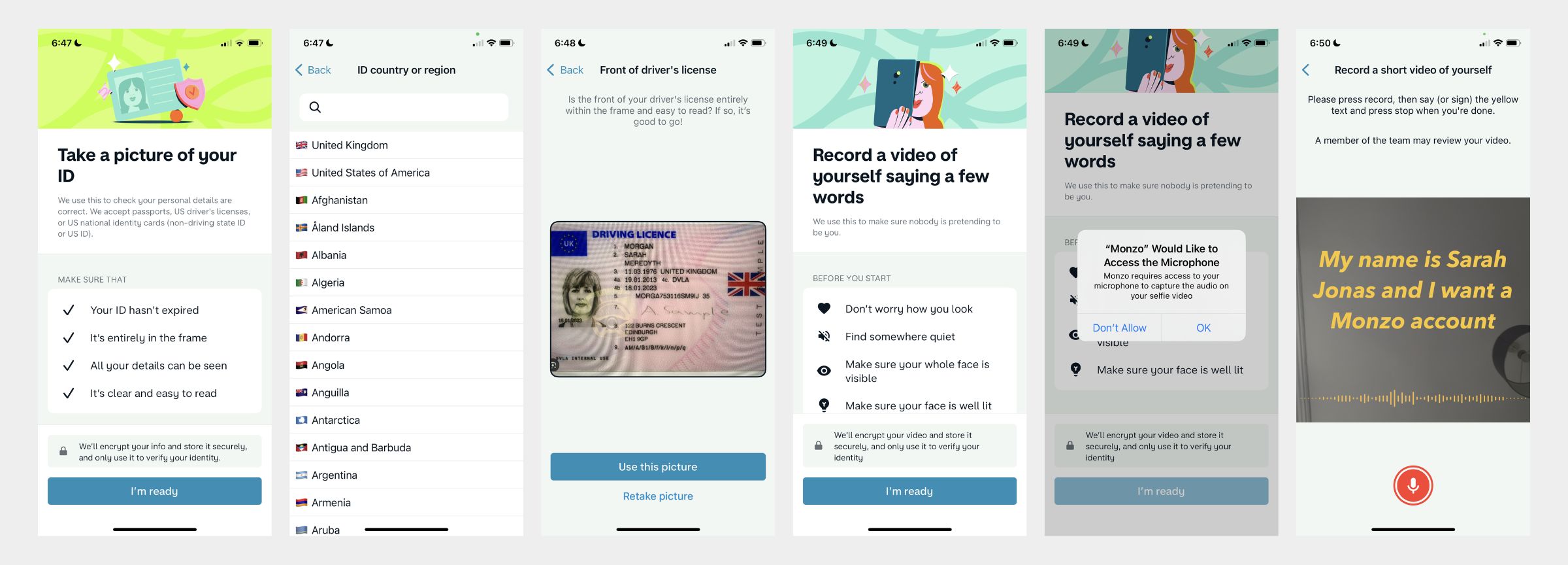 Monzo identity check in digital onboarding flow mockups