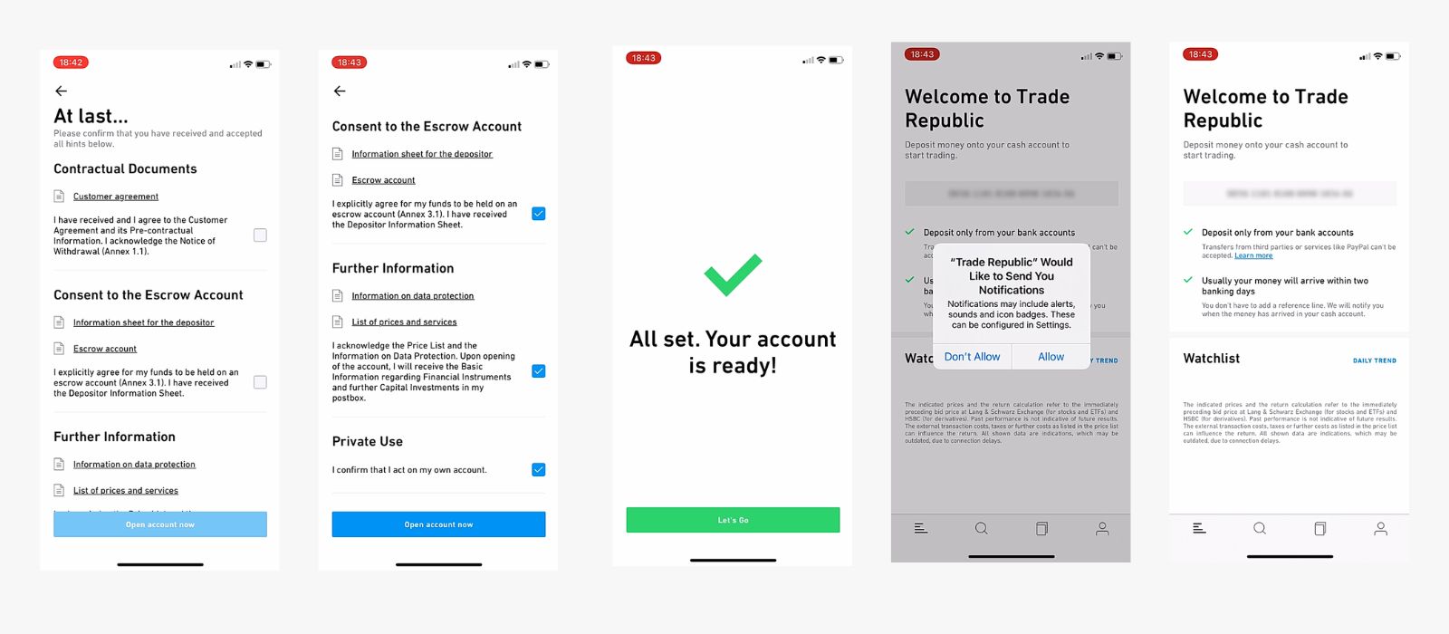 Trade Republic - account finalization in digital onboarding flows screens